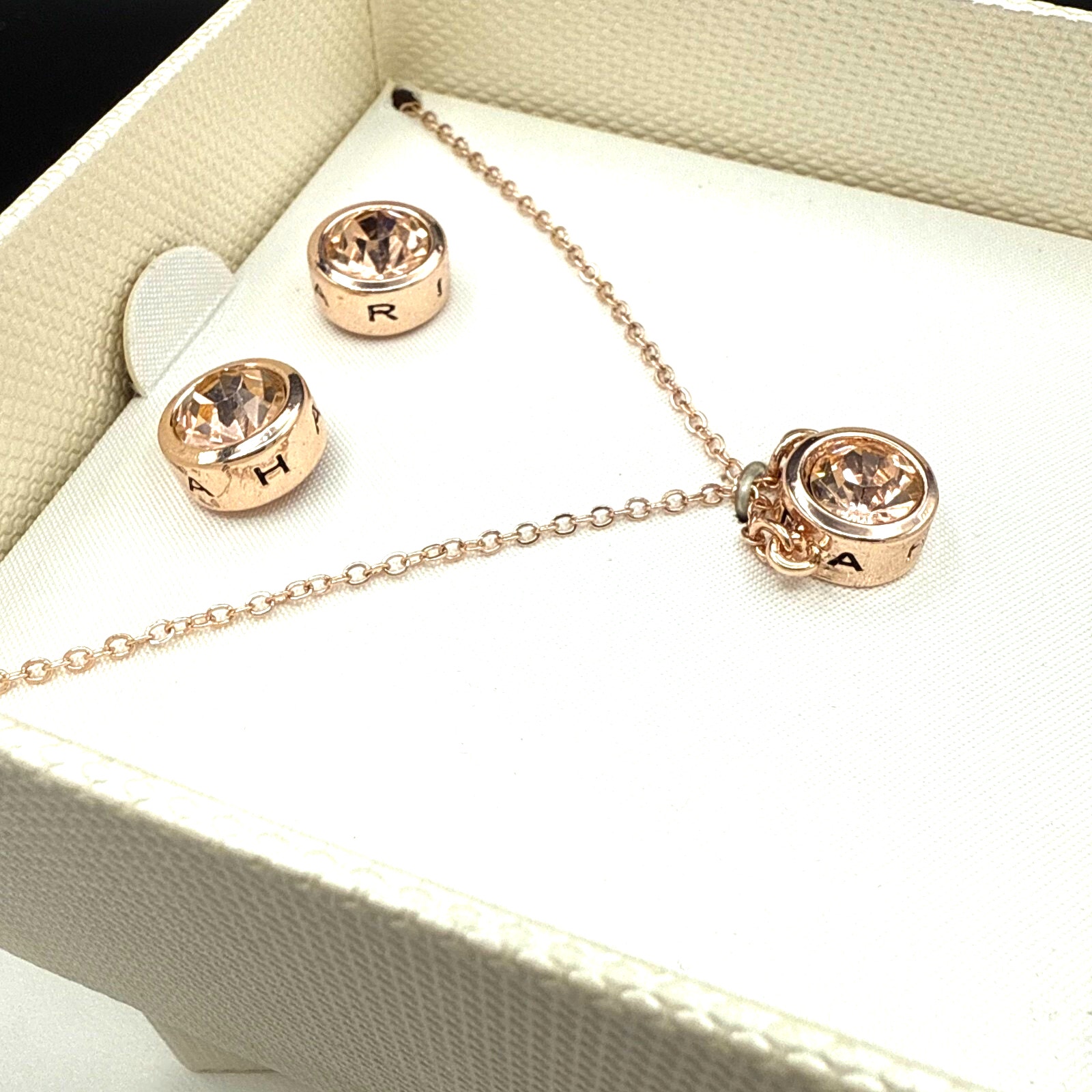 Tahari Necklace Earrings Set Champagne Cz Rose Gold Tone Bezel 18 Chain Nib 35$